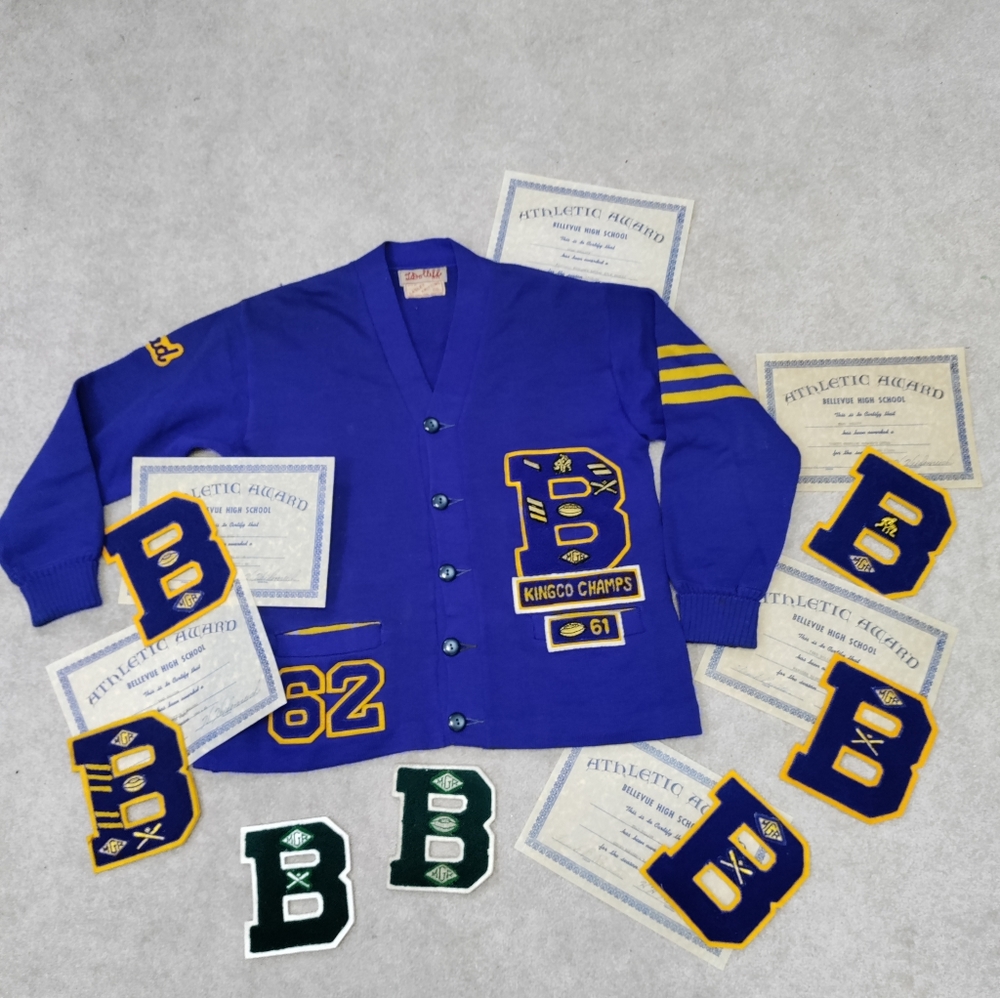 Vintage Bellevue 1960's H.S. Letterman Sweater and Letter Lot
